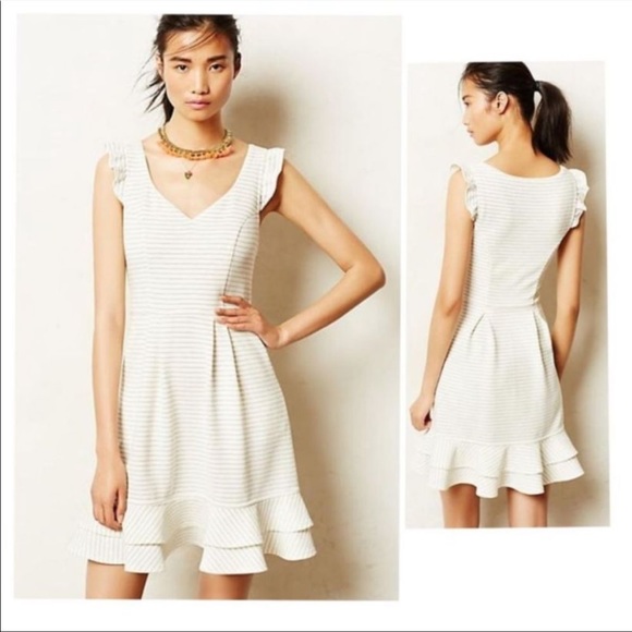 Maeve Sunland Ruffles Striped Dress Cap Sleeves Mid Length Anthropologie - Picture 1 of 8